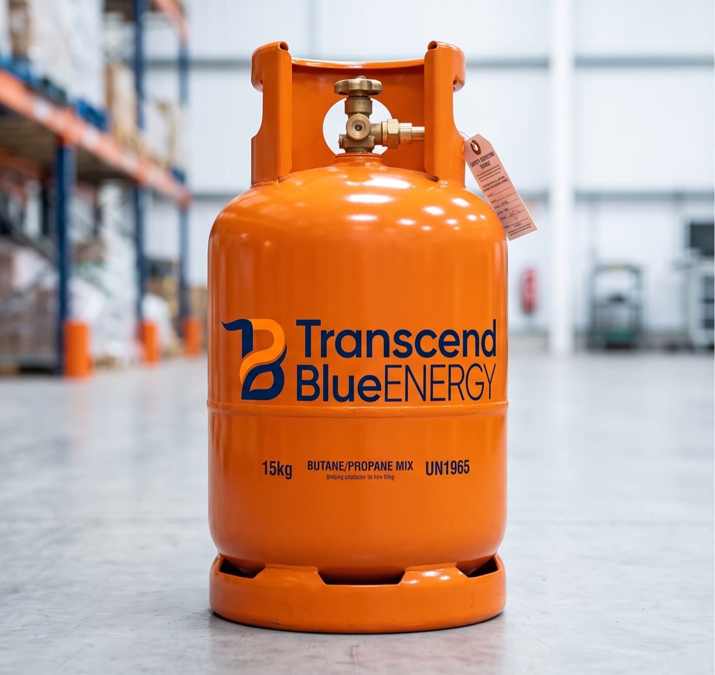Transcend Blue Energy branded LPG cylinder ready for home use