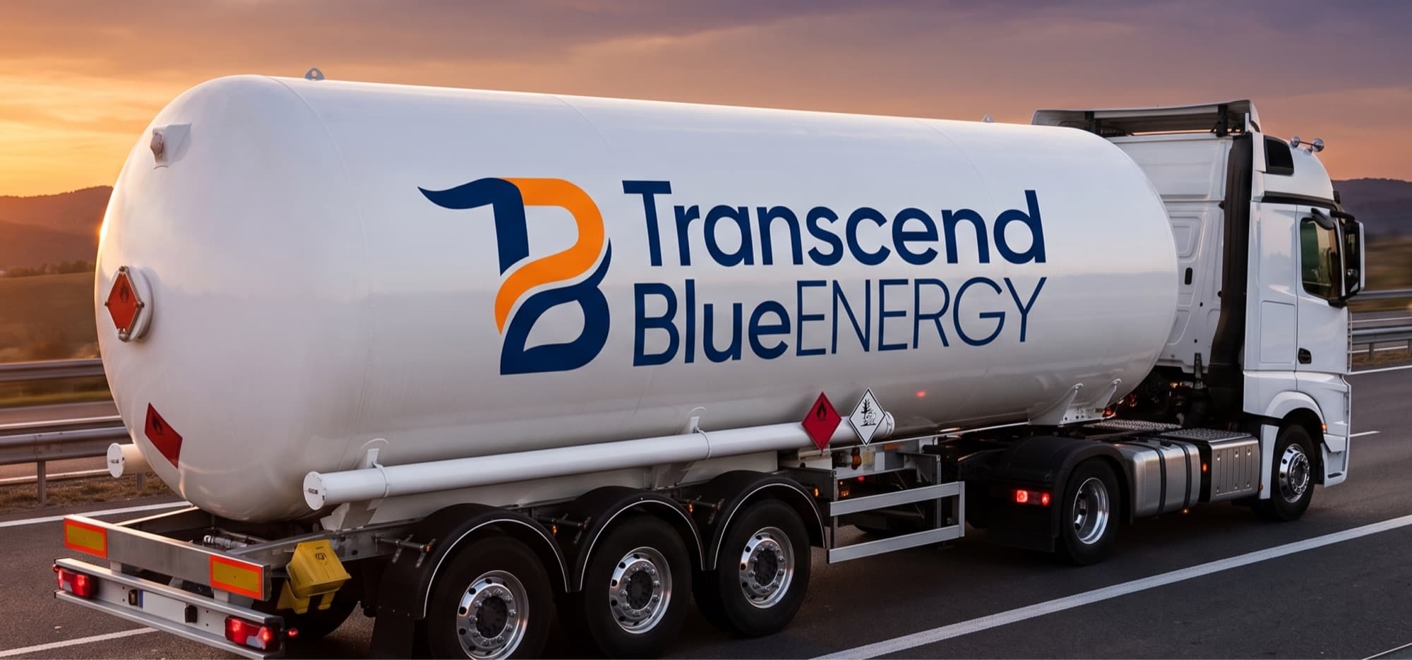 Transcend Blue Energy tanker truck delivering fuel at sunset